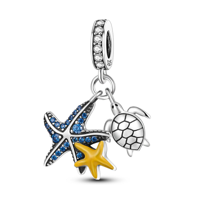 Charm pendentif double étoiles de mer et tortue en argent - Korell charms