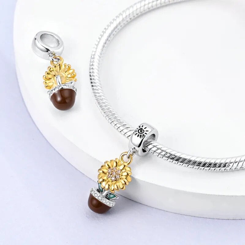 Charm pendentif fleur de tournesol en pot en argent - Korell charms