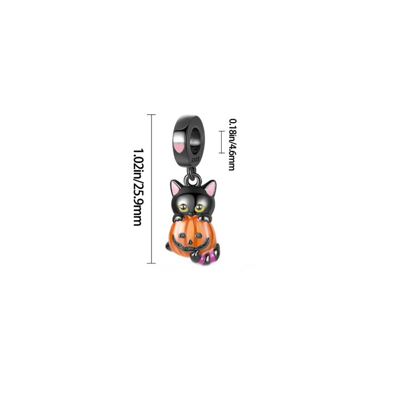 Charm pendentif Halloween chat noir et citrouille en argent - lumineux - Korell charms