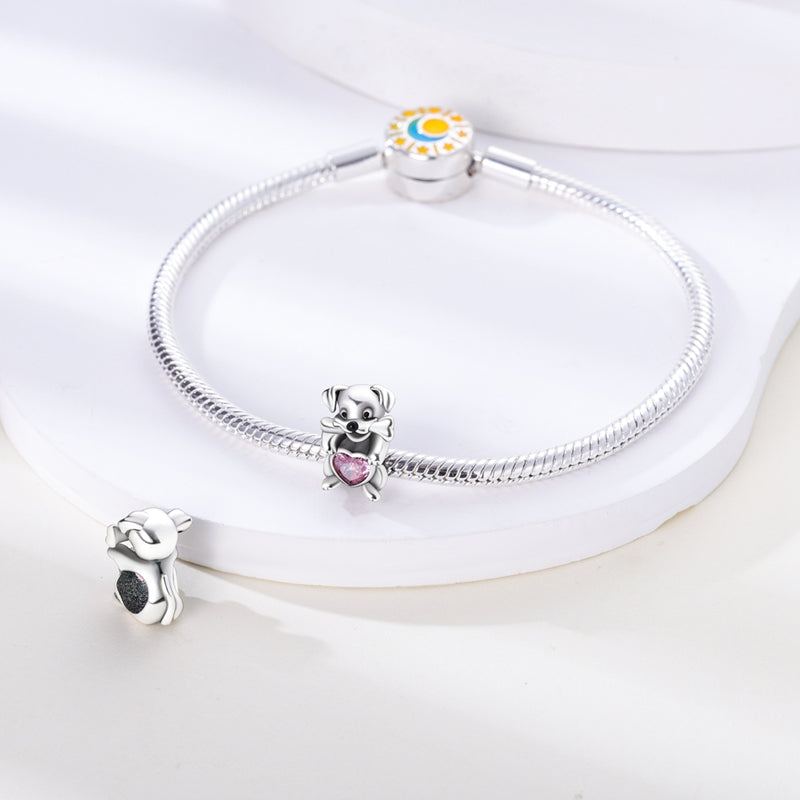 Charm chien et os cœur rose en argent - Korell charms