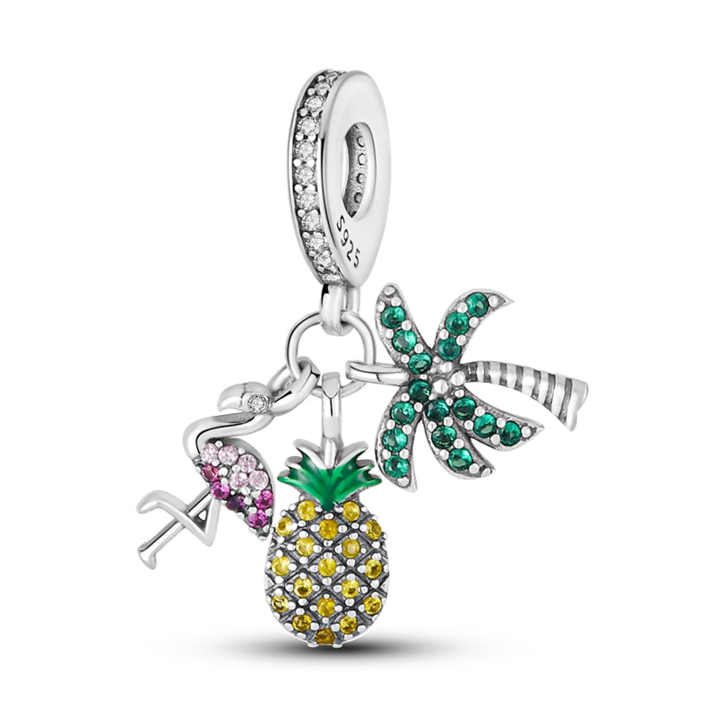 Charm pendentif triple flamant rose, ananas et cocotier en argent - Korell charms