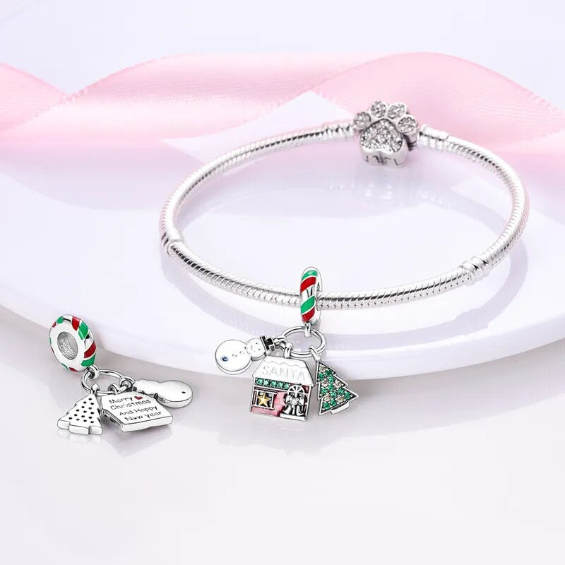 Charm pendentif triple maison du Père Noël, bonhomme de neige et et sapin en argent - Korell charms