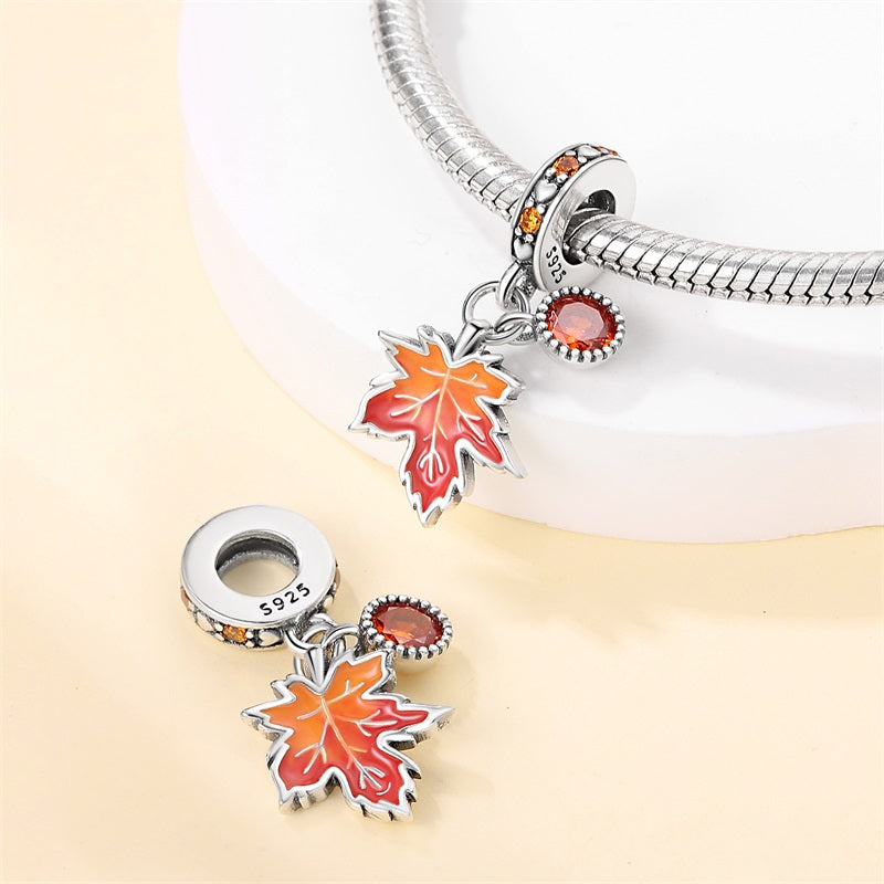 Charm pendentif feuille d'automne et cristal marron en argent - Korell charms