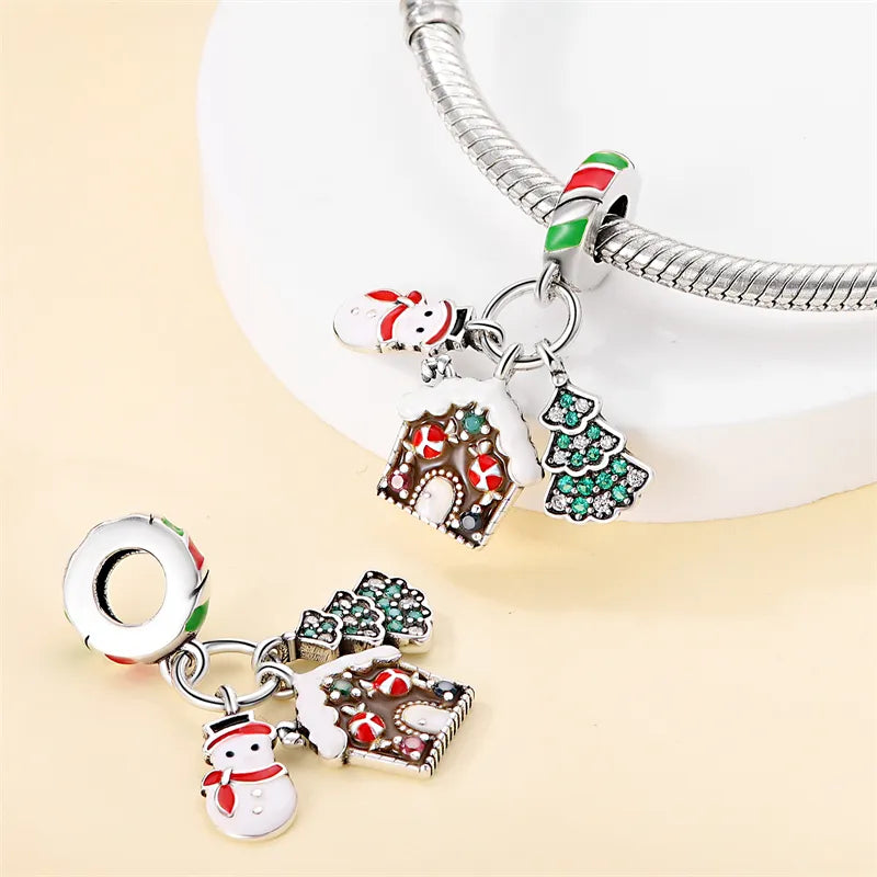 Charm pendentif triple bonhomme de neige, chalet et sapin en argent - Korell charms