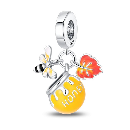 Charm pendentif triple miel, abeille et feuille d'automne en argent - Korell charms