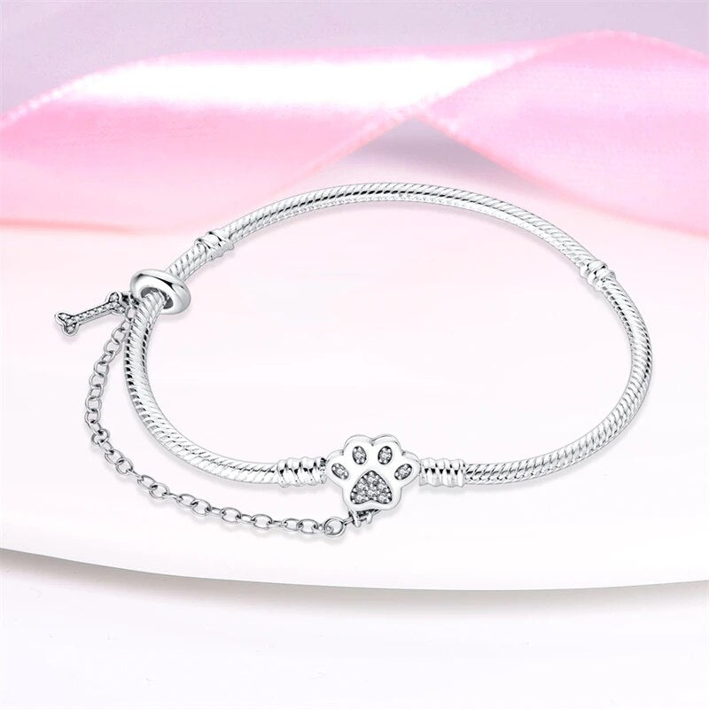 Bracelet pour charms empreinte de chien et os avec chaîne de sécurité intégrée en argent - Korell charms