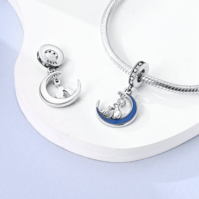 Charm Pendentif chat, chaton, étoile et lune en argent - lumineux - Korell charms