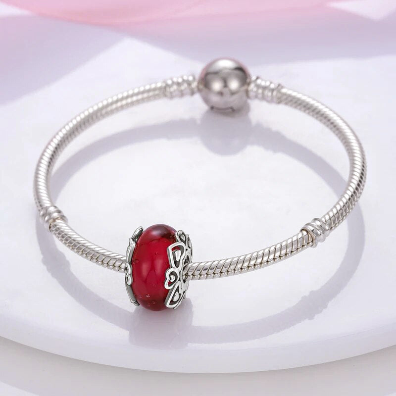 Charm séparateur Murano rouge cœurs en argent - Korell charms