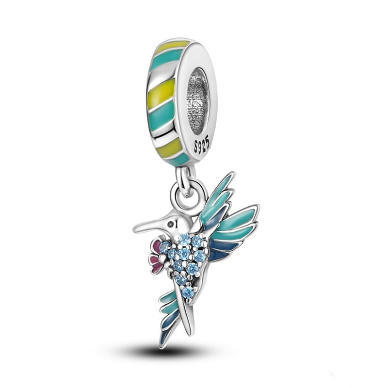 Charm pendentif colibri bleu et fleurs en argent Default Title - Korell charms