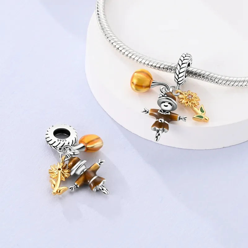 Charm pendentif triple épouvantail, citrouille et tournesol en argent - Korell charms