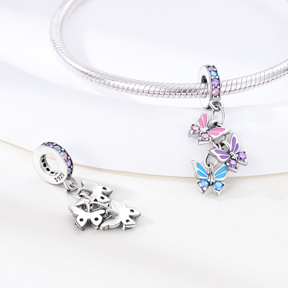 Charm pendentif triple papillons bleu, violet et rose en argent - Korell charms