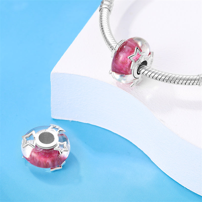 Charm séparateur Murano rose et blanc et étoiles en argent - Korell charms