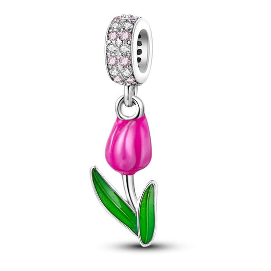 Charm pendentif fleur de tulipe rose en argent Default Title - Korell charms