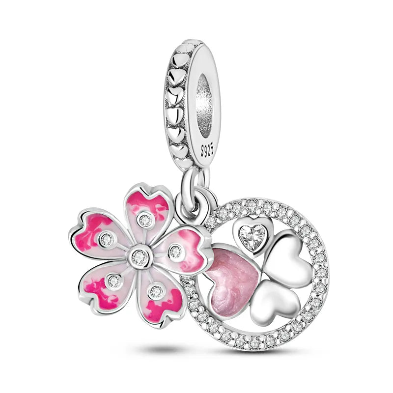 Charm pendentif double fleur rose et cœurs en argent Default Title - Korell charms