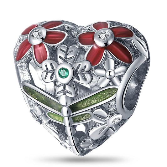 Charm cœur libellule et fleurs rouges en argent - Korell charms