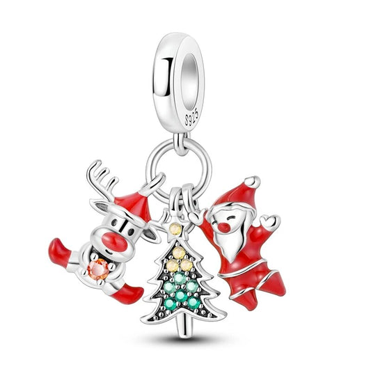 Charm pendentif triple Père Noël, Rudolf le renne et sapin en argent - Korell charms