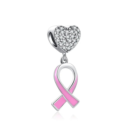 Charm pendentif octobre rose ruban rose et cœur en argent Default Title - Korell charms