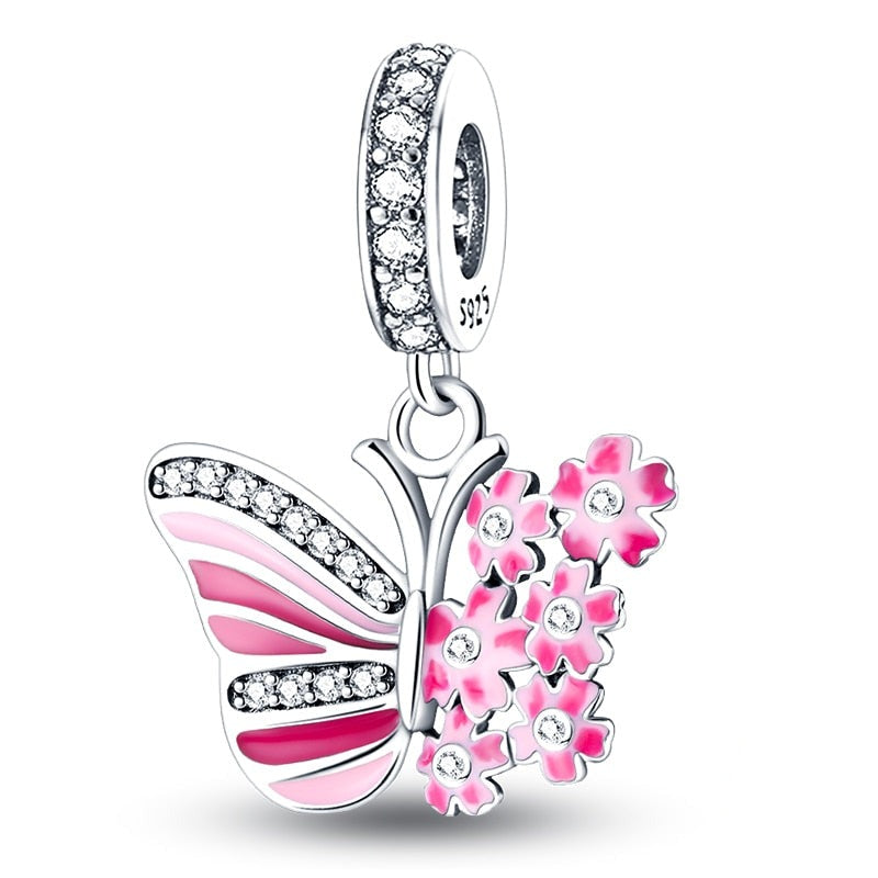 Charm pendentif papillon rose et fleurs en argent Default Title - Korell charms