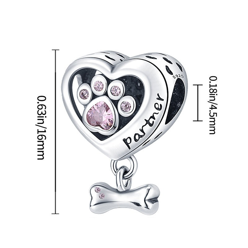 Charm cœur empreinte patte de chien rose et os en argent - Korell charms