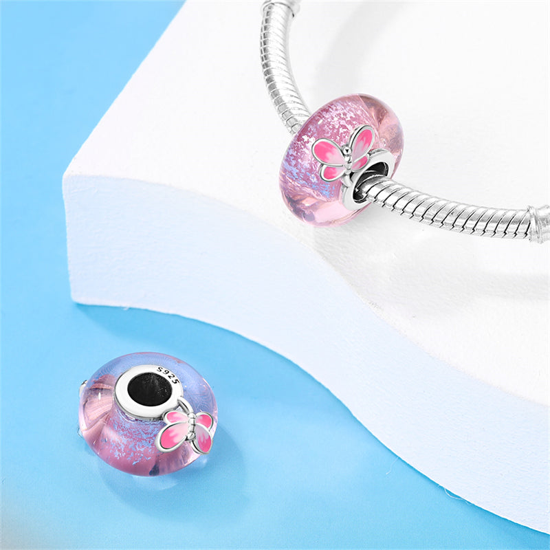 Charm séparateur Murano rose et papillon en argent - Korell charms