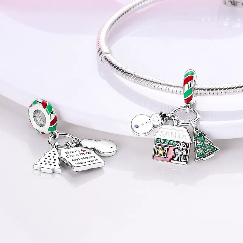 Charm pendentif triple maison du Père Noël, bonhomme de neige et et sapin en argent - Korell charms