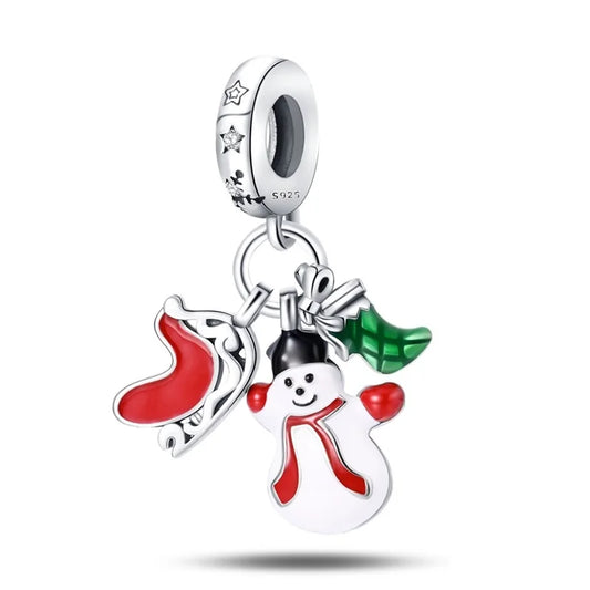 Charm pendentif triple bonhomme de neige, traineau et chaussette de Noël en argent - Korell charms