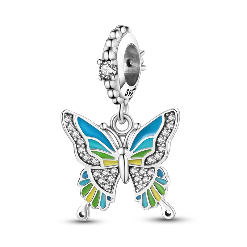 Charm pendentif papillon bleu, vert et jaune en argent - Korell charms