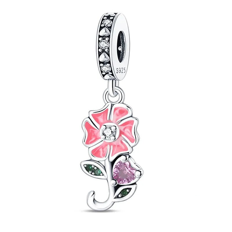 Charm pendentif petite fleur et cœur en cristal en argent - Korell charms