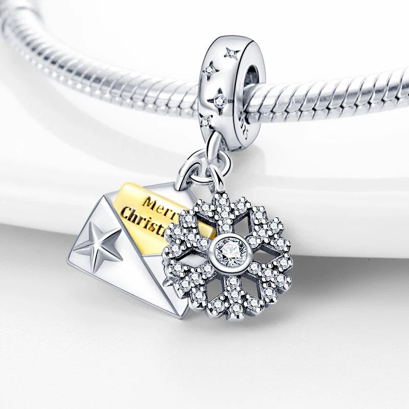 Charm pendentif double lettre de vœux de Noël et flocon en argent - Korell charms