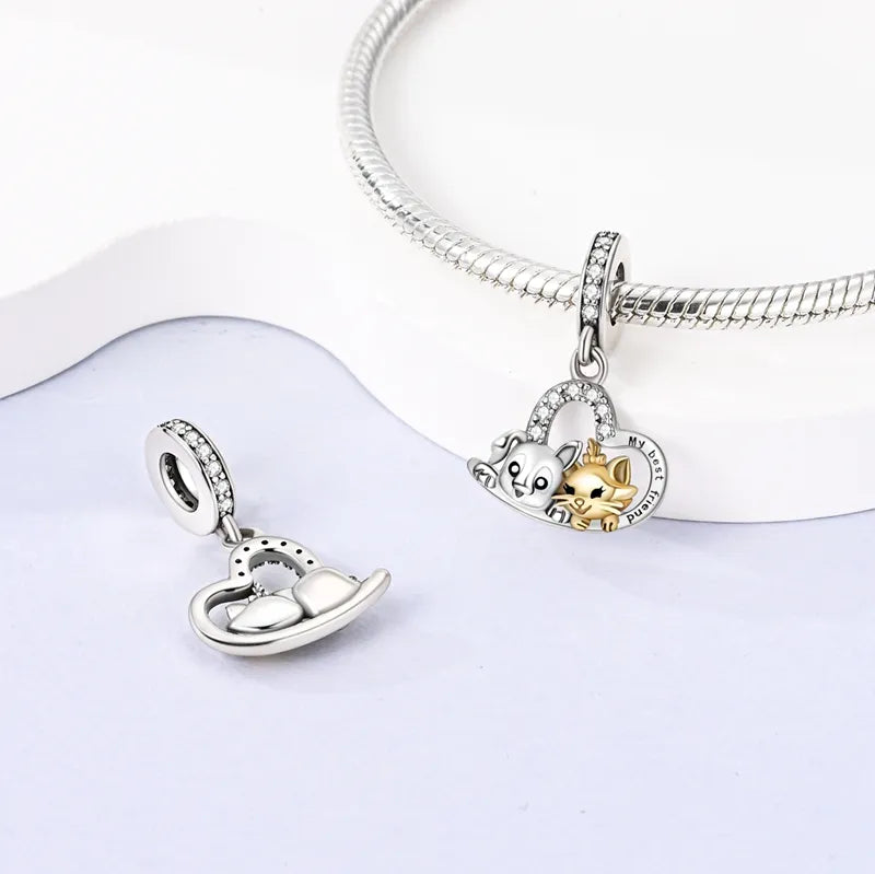 Charm pendentif cœur amitié chien et chat en argent - Korell charms