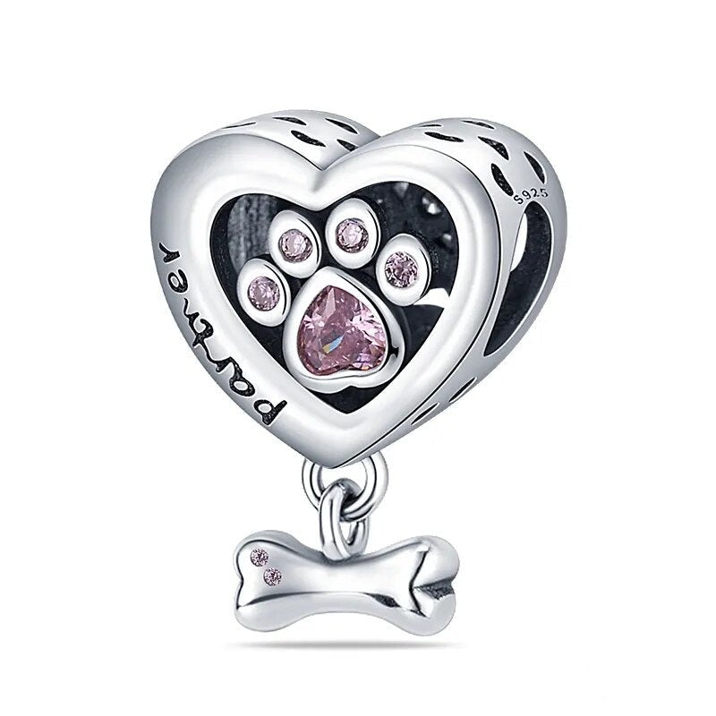 Charm cœur empreinte patte de chien rose et os en argent Default Title - Korell charms