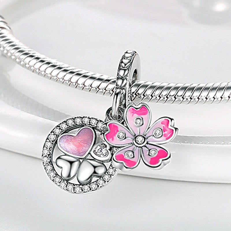 Charm pendentif double fleur rose et cœurs en argent - Korell charms