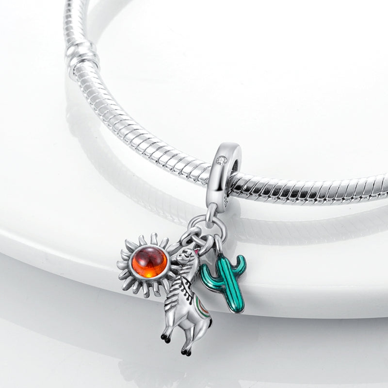 Charm pendentif triple lama, cactus, soleil en argent - Korell charms