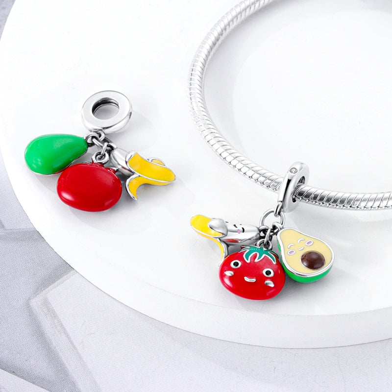 Charm pendentif triple banane, tomate et avocat en argent - Korell charms