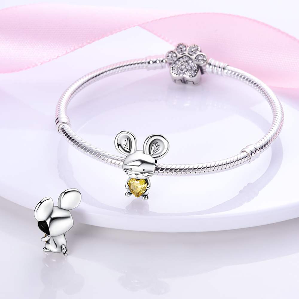 Charm souris et cœur jaune en argent - Korell charms