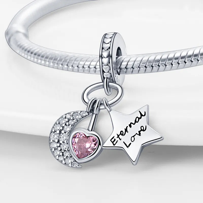 Charm pendentif triple lune, étoile et cœur rose en argent - Korell charms