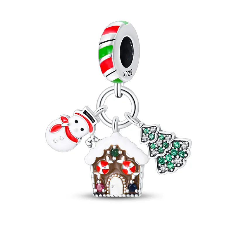 Charm pendentif triple bonhomme de neige, chalet et sapin en argent - Korell charms