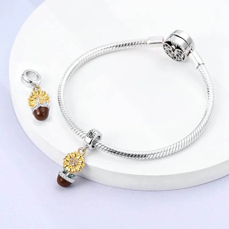 Charm pendentif fleur de tournesol en pot en argent - Korell charms