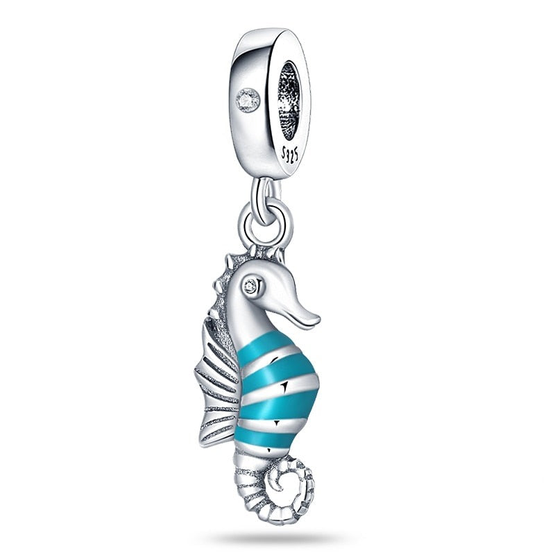 Charm pendentif hippocampe à rayures bleues en argent Default Title - Korell charms