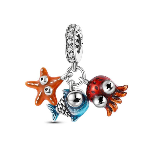 Charm pendentif triple pieuvre étoile de mer poisson en argent Default Title - Korell charms