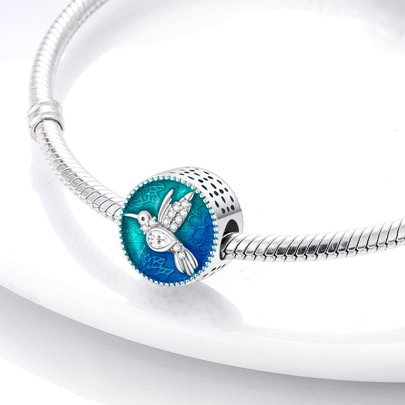 Charm rond oiseau colibri en argent - Korell charms