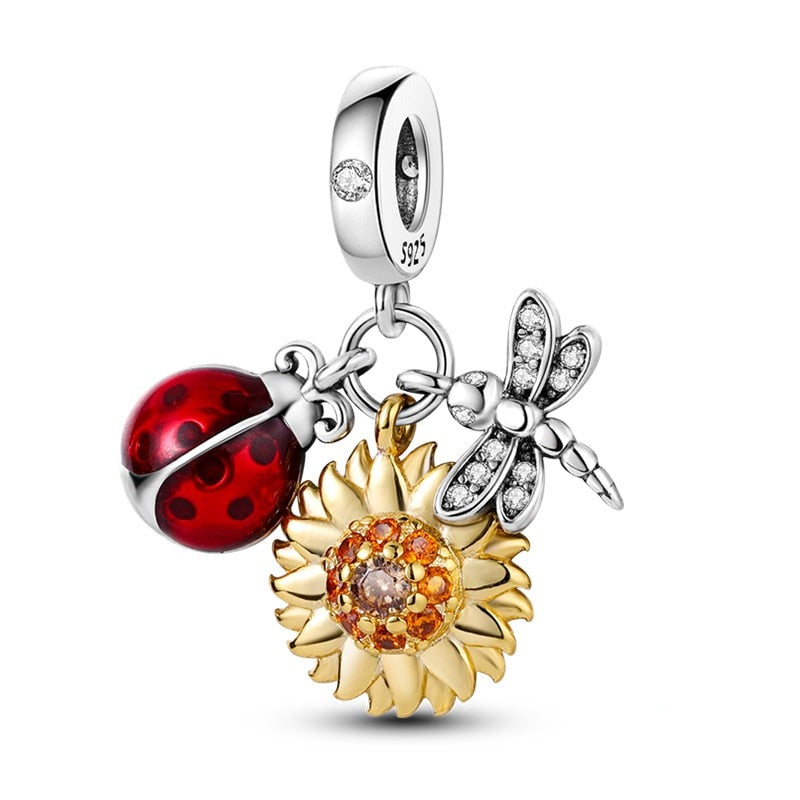 Charm pendentif triple coccinelle tournesol libellule en argent Default Title - Korell charms