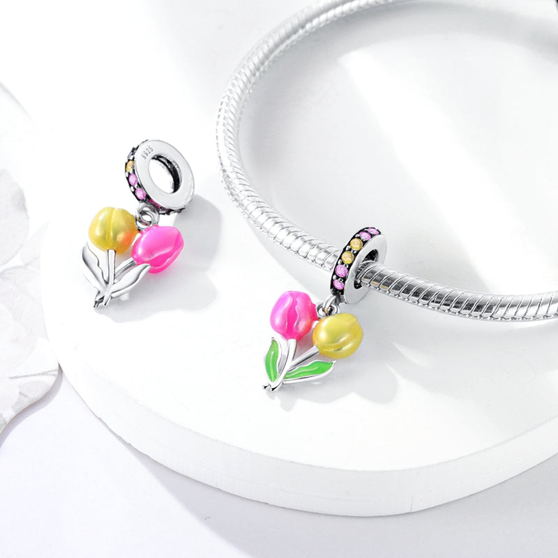 Charm pendentif tulipes jaunes et roses en argent - Korell charms