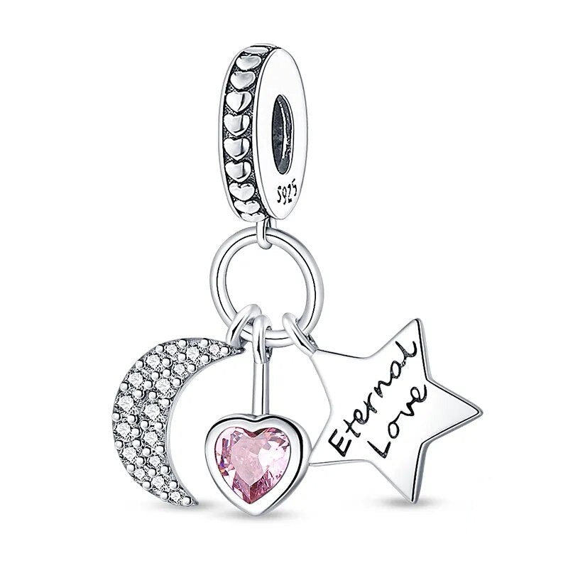 Charm pendentif triple lune, étoile et cœur rose en argent Default Title - Korell charms