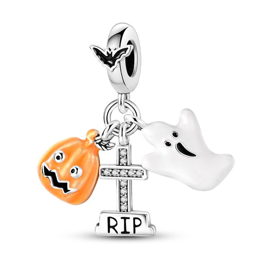 Charm pendentif triple Halloween citrouille, tombe et fantôme en argent - Korell charms