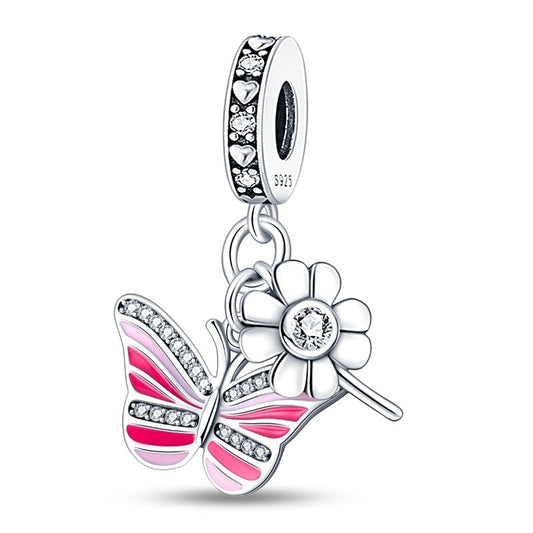 Charm pendentif papillon rose et petite fleur en argent Default Title - Korell charms