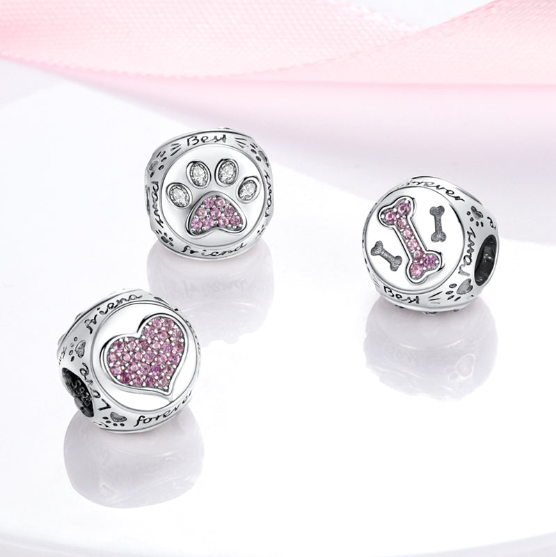 Charm perle patte de chien et os en argent - Korell charms