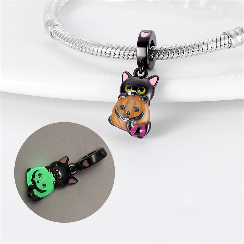 Charm pendentif Halloween chat noir et citrouille en argent - lumineux - Korell charms