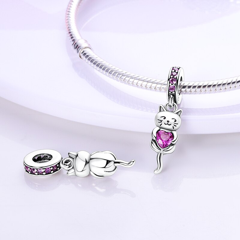 Charm pendentif chat avec cœur rose en argent - Korell charms