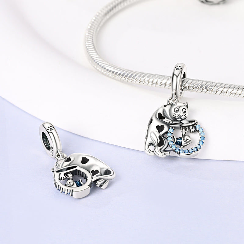 Charm pendentif chat et bocal à poissons en argent - Korell charms